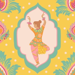 Festive Indian ornament. Silhouette of a dancing woman in traditional sari clothes in an oriental frame on a yellow dotted background.  Folk decorative vector seamless pattern. Ethnic ornament illustr