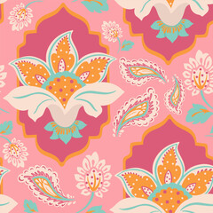 Indian floral ornament. White orange dotted lotus flowers in an oriental frame and paisley on a pink background.  Folk decorative vector seamless pattern. Ethnic ornament illustration. © Alina Dmitrieva
