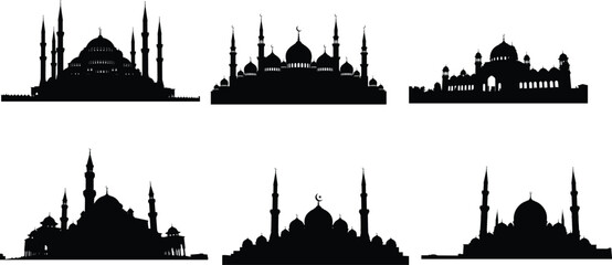 Obraz premium Collection of Islamic mosque silhouettes featuring domes and minarets in black vector style for Ramadan design, religious architecture, spiritual skyline illustration set isolated on white