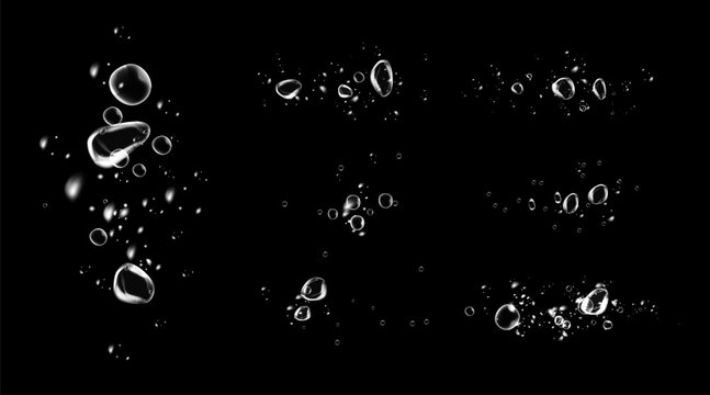 Set of clean water bubbles with soap foam effect, sparkle shine, detergent powder trail, fresh wave and hygiene on black background.