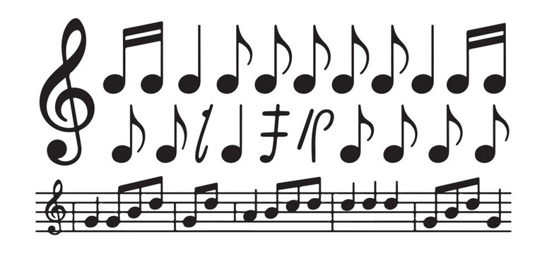 Collection of music notes, symbols and treble clef on white background, graphic elements