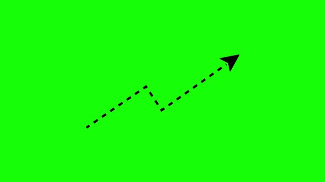 dotted line arrow animation, dotted line running upwards following the arrow, rising line, green background, 4k video