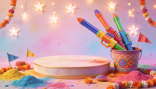 product display, podium banner with holi element, festival of colors 