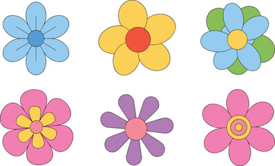 Colorful cartoon flower set, flat floral icons collection, cute spring blossoms, vector illustration, playful garden design for kids branding graphics