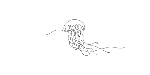 Continuous One Line Drawing of Graceful jellyfish drifting effortlessly through the tranquil underwater currents. © SR