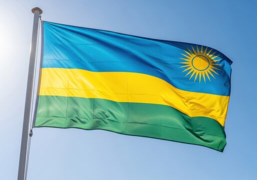 Rwanda Flag Waving in Bright Daylight