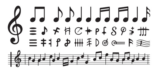Set of hand drawn musical symbols notes and elements on white background for design and creative music projects © Mukti