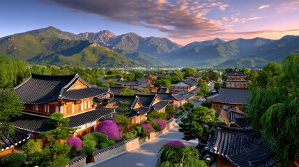 Obraz premium Scenic View of Traditional Architecture Surrounded by Lush Greenery and Majestic Mountains During Sunset in a Serene Landscape