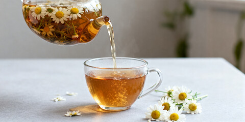 Pouring chamomile herbal tea into a glass teacup