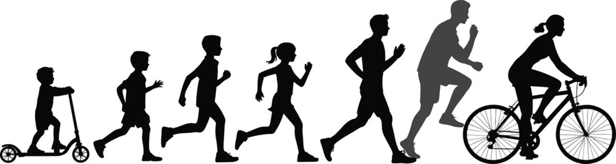 Obraz premium Silhouettes of people of different ages engaged in various activities Keywords: silhouette, people, activity, sport, childhood