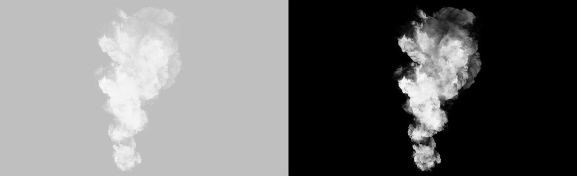 Vertical drifting smoke formation isolated on transparent background, layered white vapor with soft curls and uneven density, realistic atmospheric effect overlay PNG