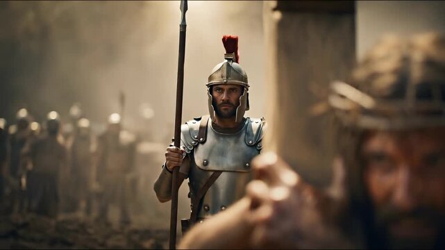 Jesus Christ, crowned with thorns, carries the cross, with a Roman soldier in focus in the background. A religious scene of the crucifixion on Good Friday.