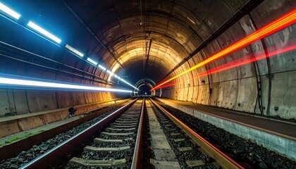 Illuminated Subway Tunnel with Motion Blur and Train Tracks.