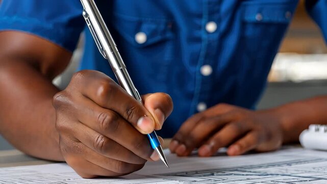 Designing plans in a workspace with a pen and paper during the afternoon in a creative environment