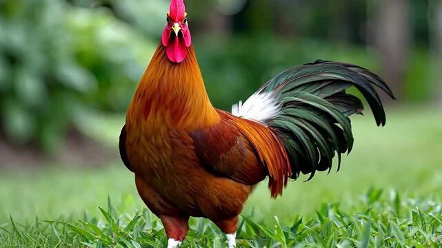 Rooster walking on grass in a garden during the day capturing its vibrant colors and movements in a natural setting