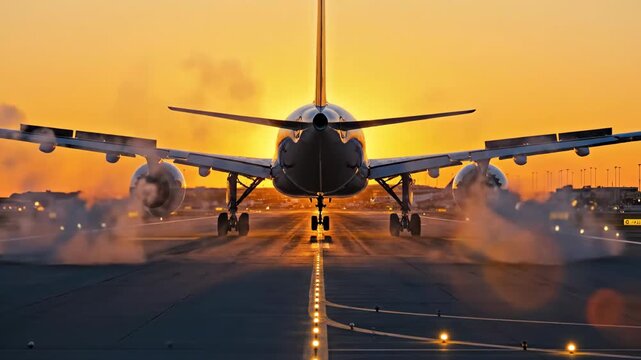 Airplane taking off at sunset. Commercial jet accelerating down runway with engine thrust and lifting into sky. Cinematic aviation sequence for travel and flight concepts.
