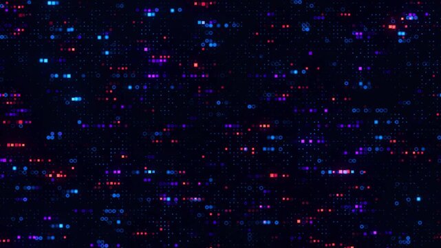 High-tech big data processing animation. Ai, artificial intelligence matrix technology. Moving blinking qubits or digital data pixels. Futuristic transmission concept
