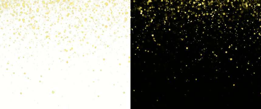 Split background with falling light gold confetti from top. Small shiny particles of various shapes, isolated on transparent PNG and black background. Festive celebration design.