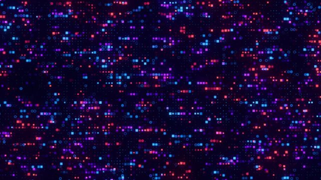 High-tech big data processing animation. Ai, artificial intelligence matrix technology. Moving blinking qubits or digital data pixels. Futuristic transmission concept