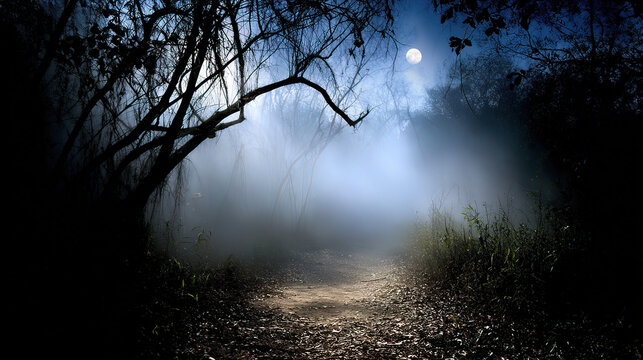 cryptographer. A misty forest path at night with moonlight filtering through silhouetted trees and atmospheric fog. travel magazines, destination branding, designed for travel destination branding.
