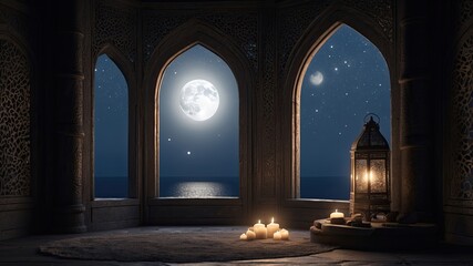 Fototapeta premium Mystical Islamic Window with Crescent Moon – Cinematic Ramadan Night Background