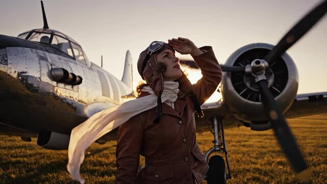 Woman aviator standing beside vintage airplane at sunset. Female pilot shading eyes with hand. Cinematic adventure scene of aviation exploration and horizon gaze.