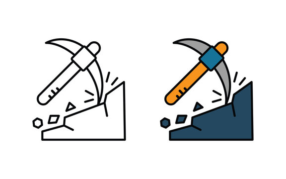Mining pickaxe breaking rock icon set. Mining resources with a pick axe or pick axe flat or line vector illustration.
