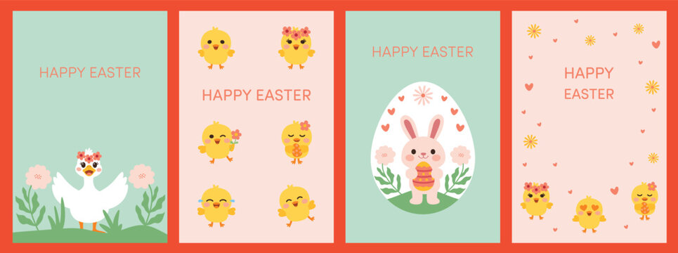 Happy Easter Card Set with Cute Bunny Duck and Chicks Easter Greeting Card Collection with Adorable Animals and Flowers Four Easter Postcards Featuring Rabbit Chicks and Spring Design