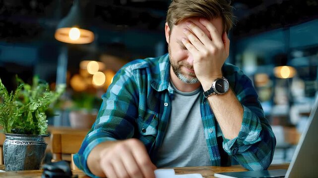 Stressed man holding a rejection letter or overdue notice at desk with laptop, financial trouble and anxiety concept