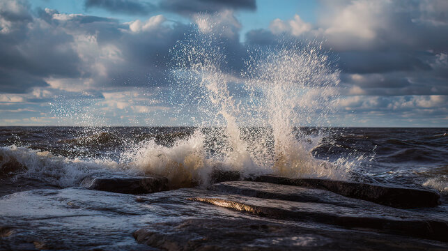 sedition. Ocean waves crashing against dark rocks with splashing water droplets in dramatic seascape. travel magazines, destination branding, designed for outdoor magazines and nature guides.
