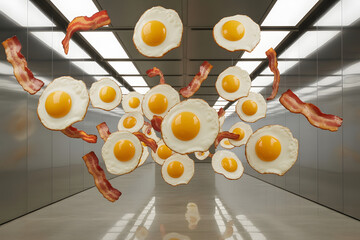 a surreal scene of a many fried egg and crispy bacon