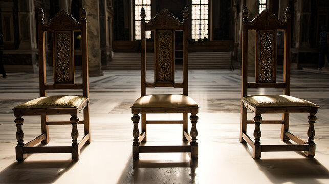 omniscient. Three high-backed chairs in empty marble hall with sunlight from windows. real-estate listings, architecture portfolios, designed for real-estate listing and luxury residence showcases.
