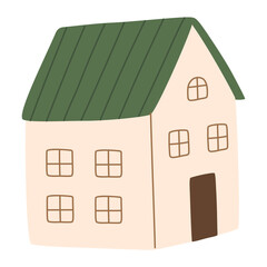 Minimal autumn house with green roof design. Simple fall home illustration for modern seasonal layouts and cozy visual projects. Hand drawn vector illustration.