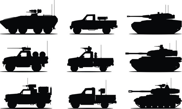 Silhouettes of Various Military Vehicles in Black tanks