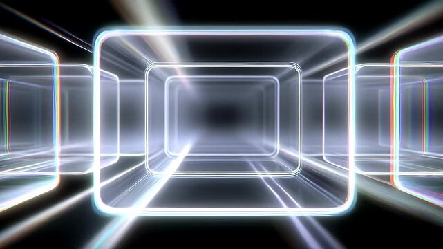 Futuristic neon tunnel with glowing blue light and transparent rectangular frames.