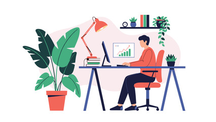 Fototapeta premium Focused professional man working on a desktop computer in a modern and comfortable home office filled with green indoor potted plants.