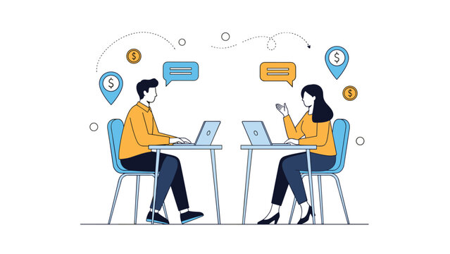 Remote freelancers working on laptops while communicating through digital chat and earning money in a minimalist flat vector style illustration.