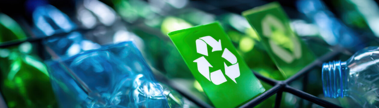 Recycling symbol on green card among plastic bottles represents authentic commitment to environmental reality and sustainable waste management