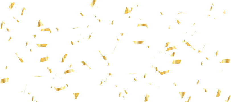 scattered array of golden confetti pieces falling against a stark white background and celebratory atmosphere. Perfect for adding a touch of sparkle and joy.	