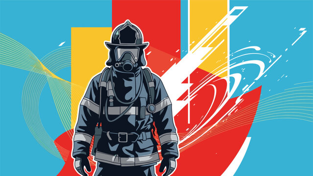 Brave firefighter in full protective gear and helmet standing against an abstract background with fire and water elements.