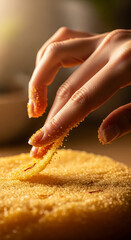 Close-up of Hand Gently Touching Golden Granular Sweet with Saffron