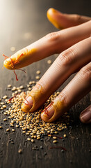 Saffron-Stained Fingers Immersed in Rich Spices and Seeds
