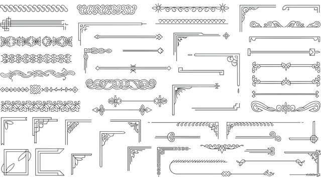 Large collection of ornate black and white decorative corner designs and horizontal border lines for classic graphic design projects.