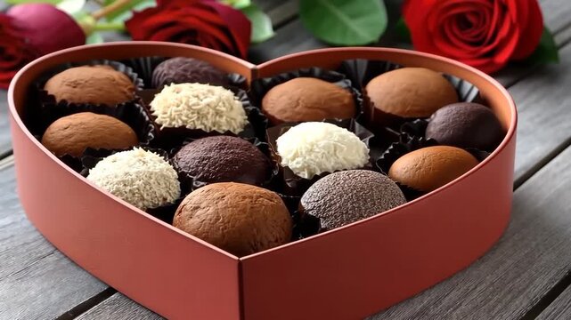 Heart-shaped box holds assorted chocolates on wooden table with red roses in background for Valentine's Day celebration