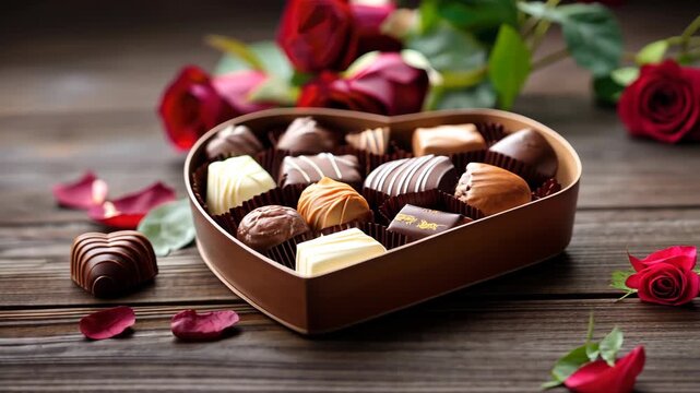 Assorted chocolates in a heart-shaped box with red roses and rose petals on a wooden table