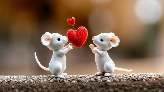 Two small mice hold a red heart between them on a neutral background during springtime