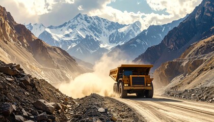 Heavy Mining Truck on Mountain Road - A Powerful Industrial Scene.