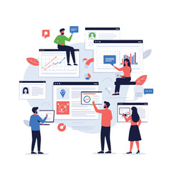 Obraz premium Modern Vector Illustration of a Collaborative Business Team Analyzing Data and Managing Digital Projects Across Multiple Online Platforms