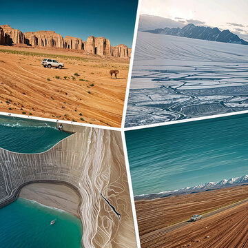Four corners showing different types of weather conditions and the power of nature.