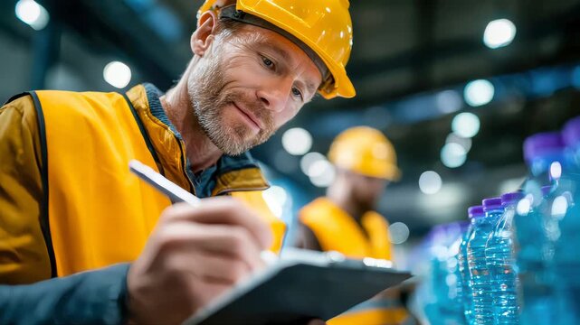 Lean manufacturing engineer checking production quality on bottling line with clipboard in modern factory